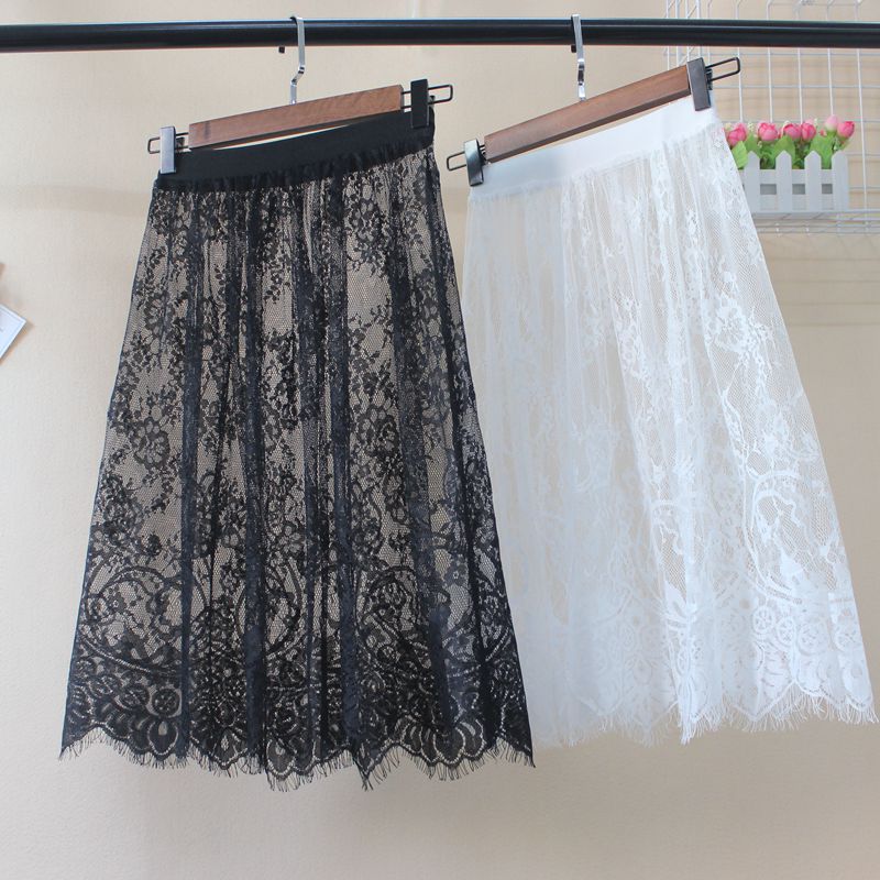 Hot Summer Women Lace Skirts Fashion Solid Casual Mesh Tulle Skirt Hollow Out Short Pencil Elegant Elastic Black White Skirt