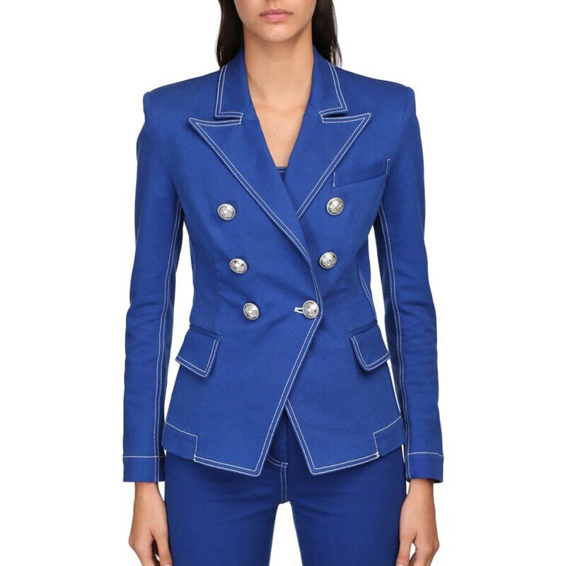 Double Breasted Silver Button Denim Blazer Jacket-Blue