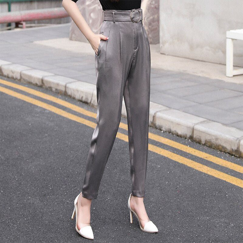 High Waist Satin Harem Pants-Grey