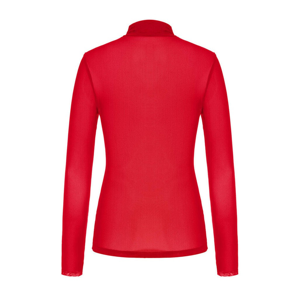 Long Sleeve Sheer Mesh Turtleneck-Red