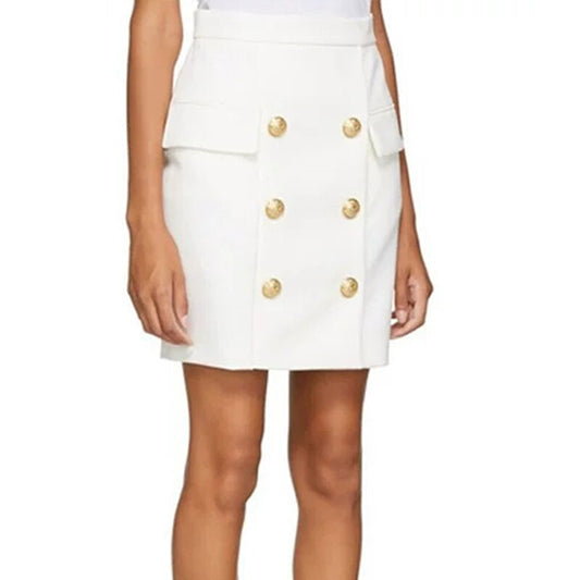 Gold Button Pencil Skirt-White