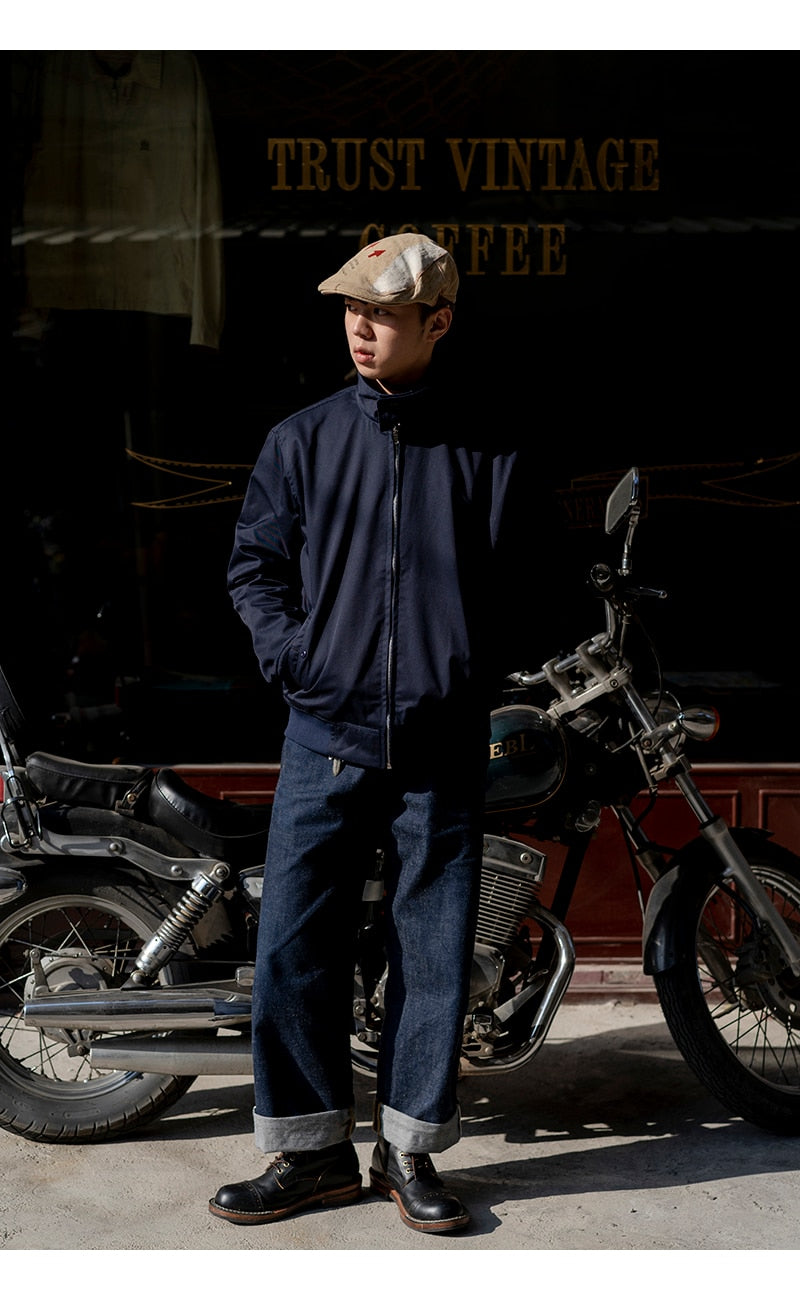 Vintage Classic Bomber Coat Jacket-Blue/Black
