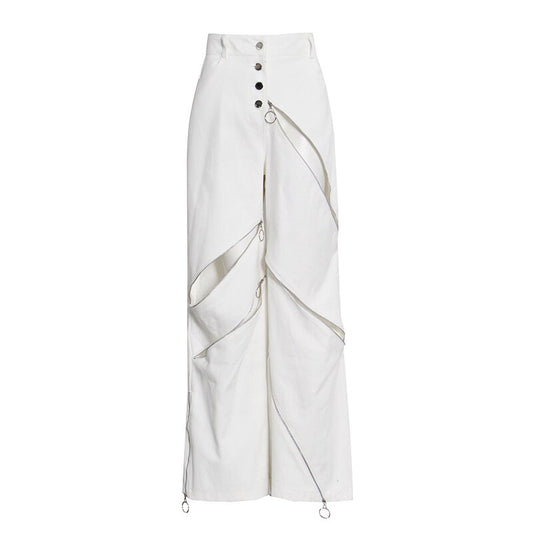 High Waist Cut Out Zipper Wide Leg Pants-White