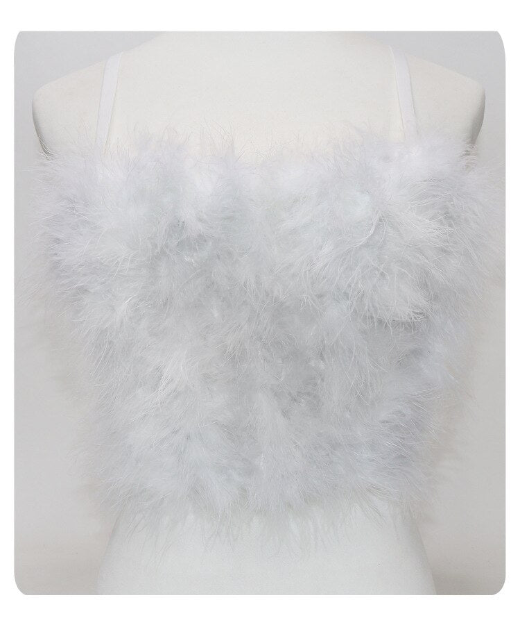 Furry Feather Crop Top-Pink/Black/White