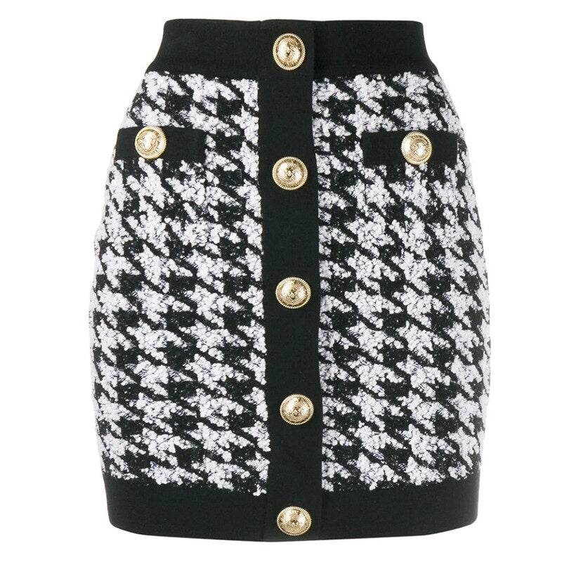 Houndstooth Gold Button Mini Skirt