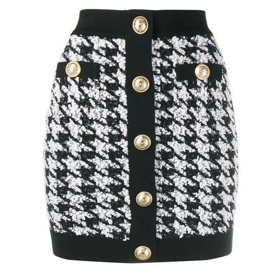 Houndstooth Gold Button Mini Skirt