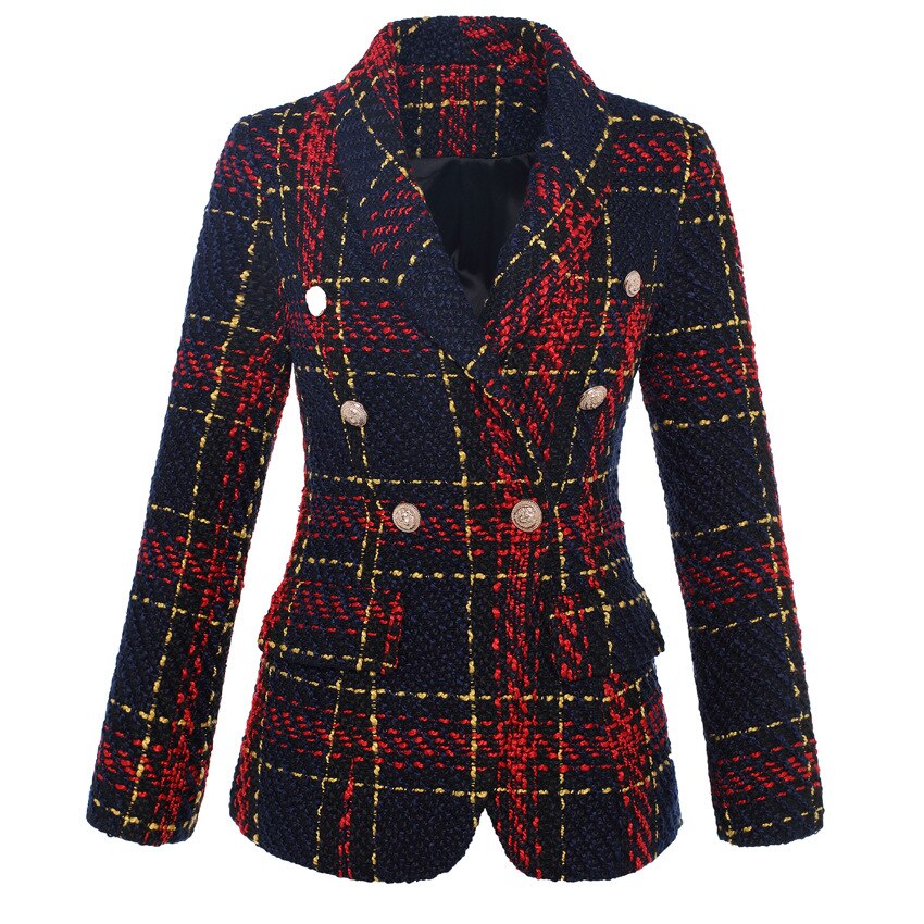 Double Breasted Tweed Blazer-Plaid