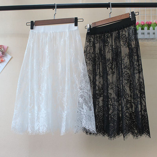 Hot Summer Women Lace Skirts Fashion Solid Casual Mesh Tulle Skirt Hollow Out Short Pencil Elegant Elastic Black White Skirt