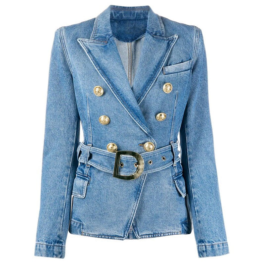 Double Breasted Denim Blazer Jacket-Blue