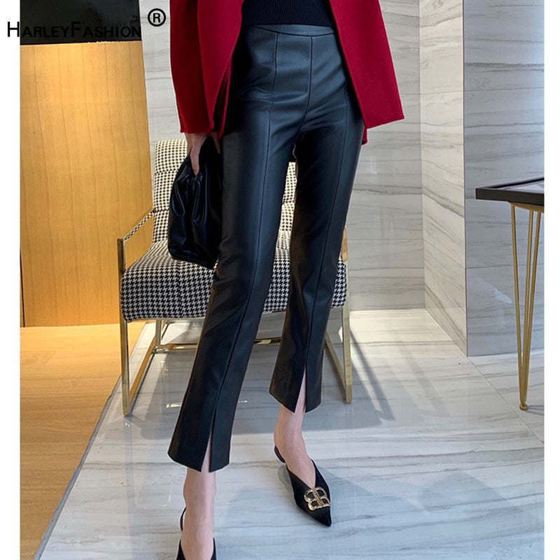 Faux Leather Skinny Pants-PU Black/Beige