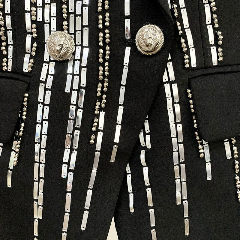 Double Breasted Heavy Beaded Sequin Blazer Jacket-Black