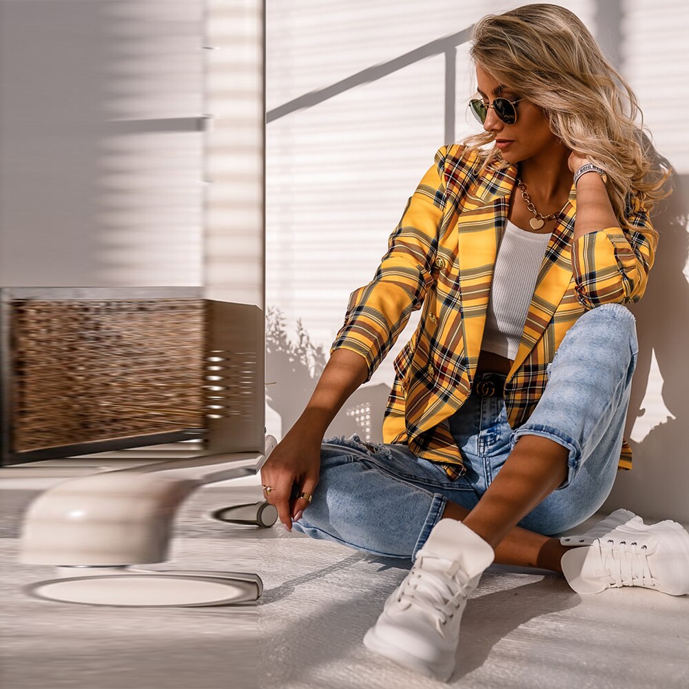 Long Sleeve Plaid Blazer Jacket-Multiple Options