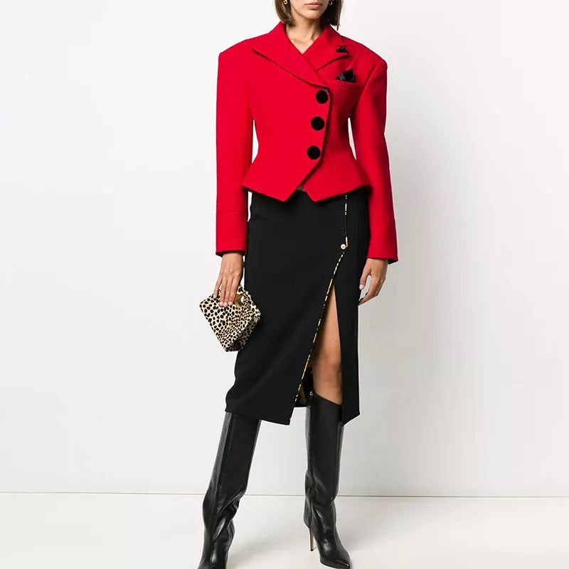 Cropped Suit Jacket Blazer-Red