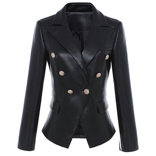 Faux Leather Double Breasted PU Blazer Jacket-Black