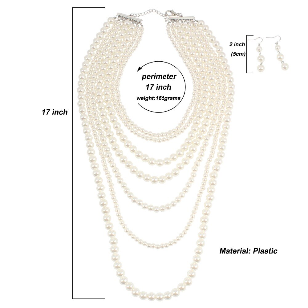 Multilayer Faux Pearl Beaded Statement Necklace/Earrings-White/Red