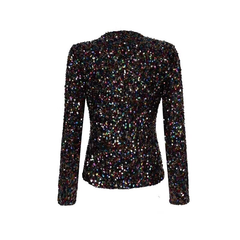 Long Sleeve Double Breasted Sequin Blazer Jacket-Multi