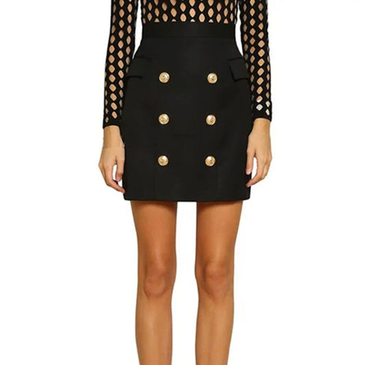 Gold Button Pencil Skirt-Black