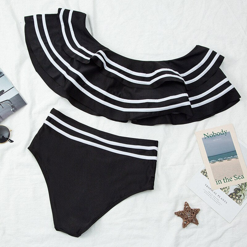 Vintage Ruched Flounce Off Shoulder Crop Top High Waist Bikini-Size M