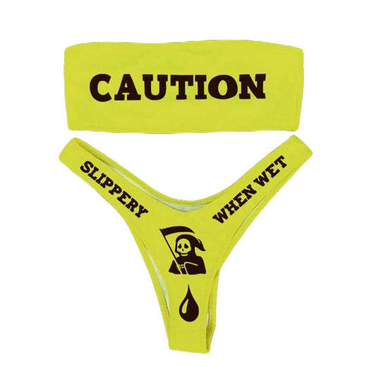 Caution Slippery When Wet Strapless Swimsuit-Yellow-Large