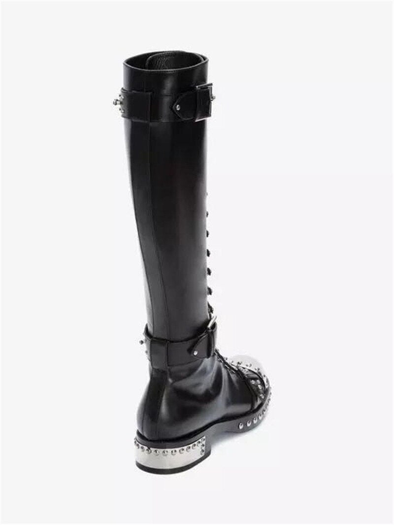 Leather Low Heel Round Toe Buckle Rivet Knee High Boots-Multiple Options