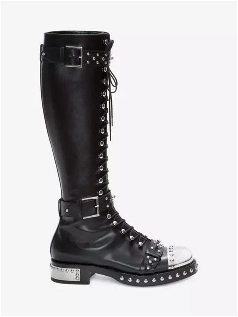 Leather Low Heel Round Toe Buckle Rivet Knee High Boots-Multiple Options