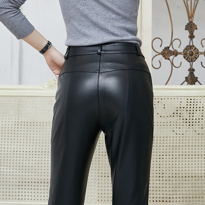 Genuine Leather Slim Leather Pencil Pants-Black
