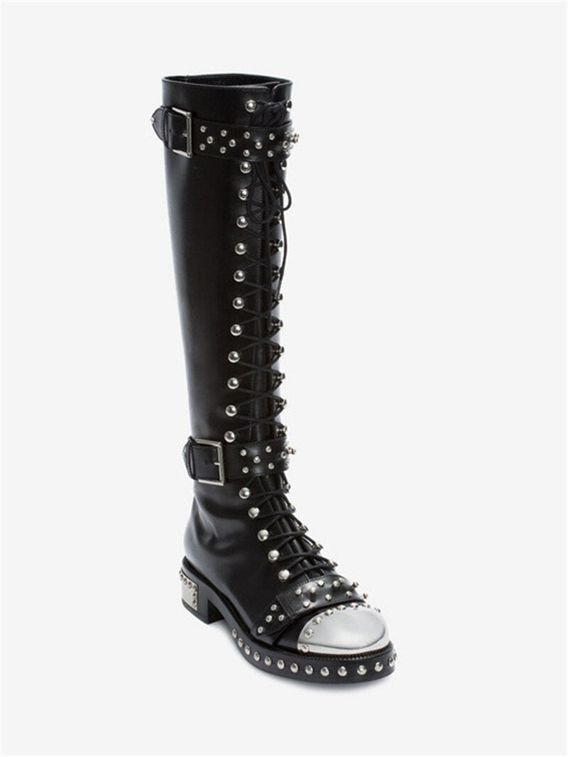 Leather Low Heel Round Toe Buckle Rivet Knee High Boots-Multiple Options