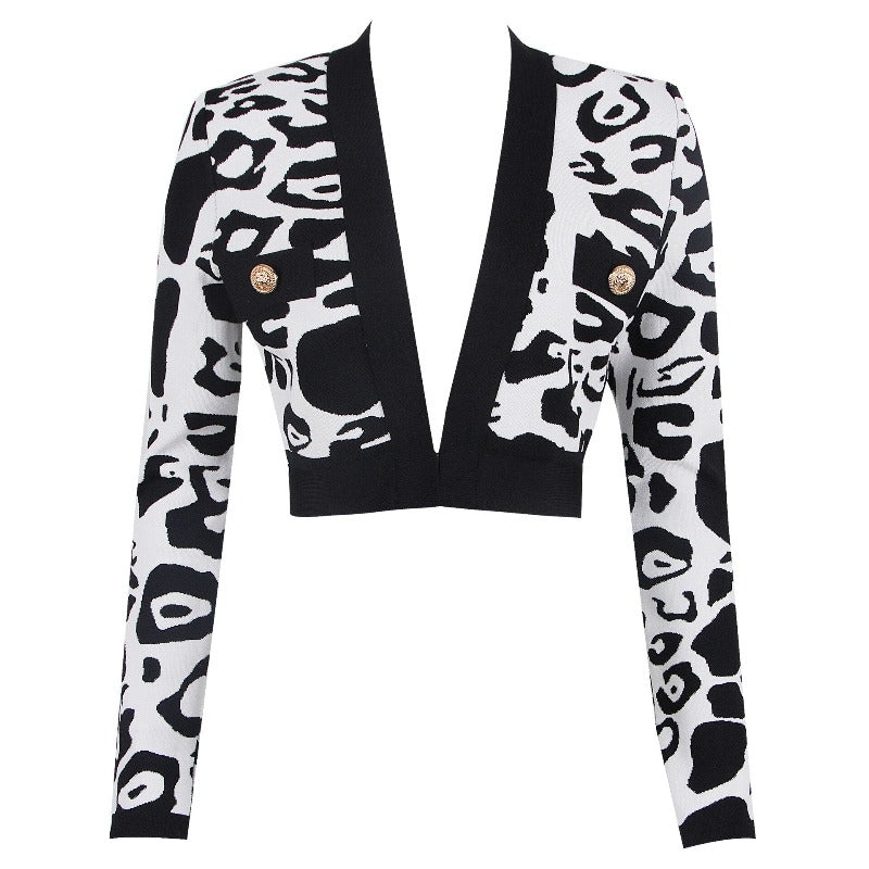 Leopard Print V-Neck Cardigan Crop Jacket-Black