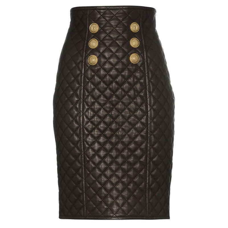 Faux Leather Gold Button Quilted PU Skirt-Black