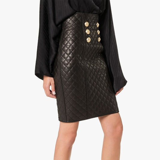 Faux Leather Gold Button Quilted PU Skirt-Black