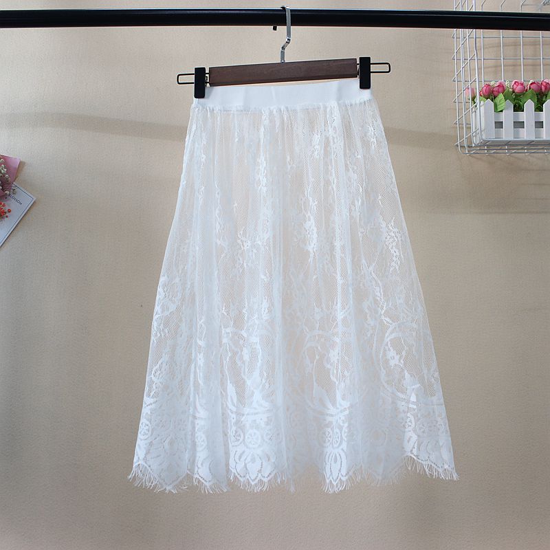 Hot Summer Women Lace Skirts Fashion Solid Casual Mesh Tulle Skirt Hollow Out Short Pencil Elegant Elastic Black White Skirt