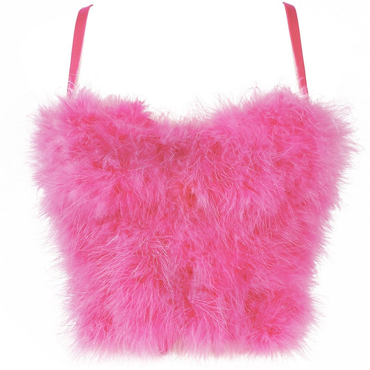 Furry Feather Crop Top-Pink/Black/White