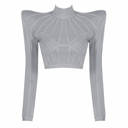 Long Sleeve Breathable Bandage Crop Top-Black/Grey