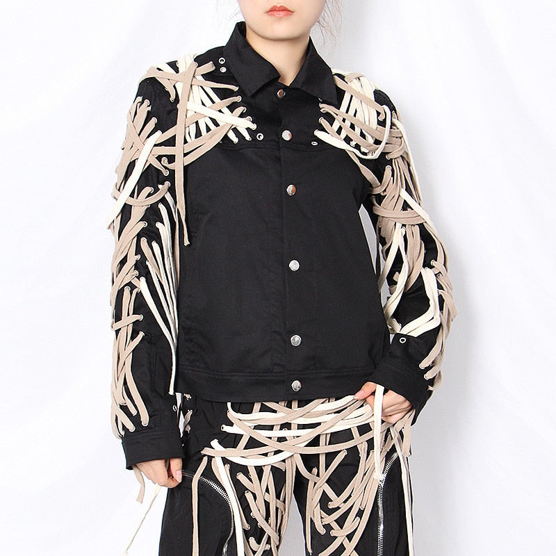 Long Sleeve Cross Bandage Jacket-Red/Beige/Black