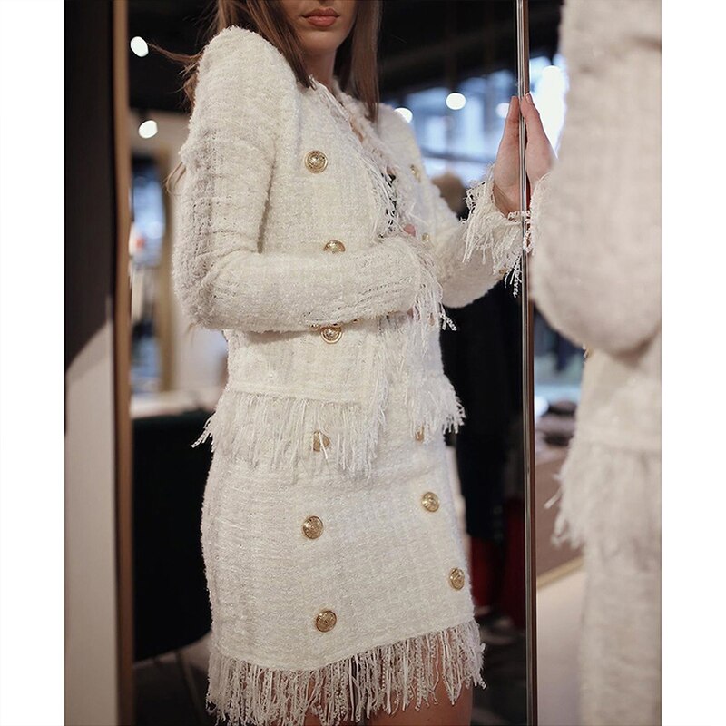 White Tweed Tassel Pencil Skirt
