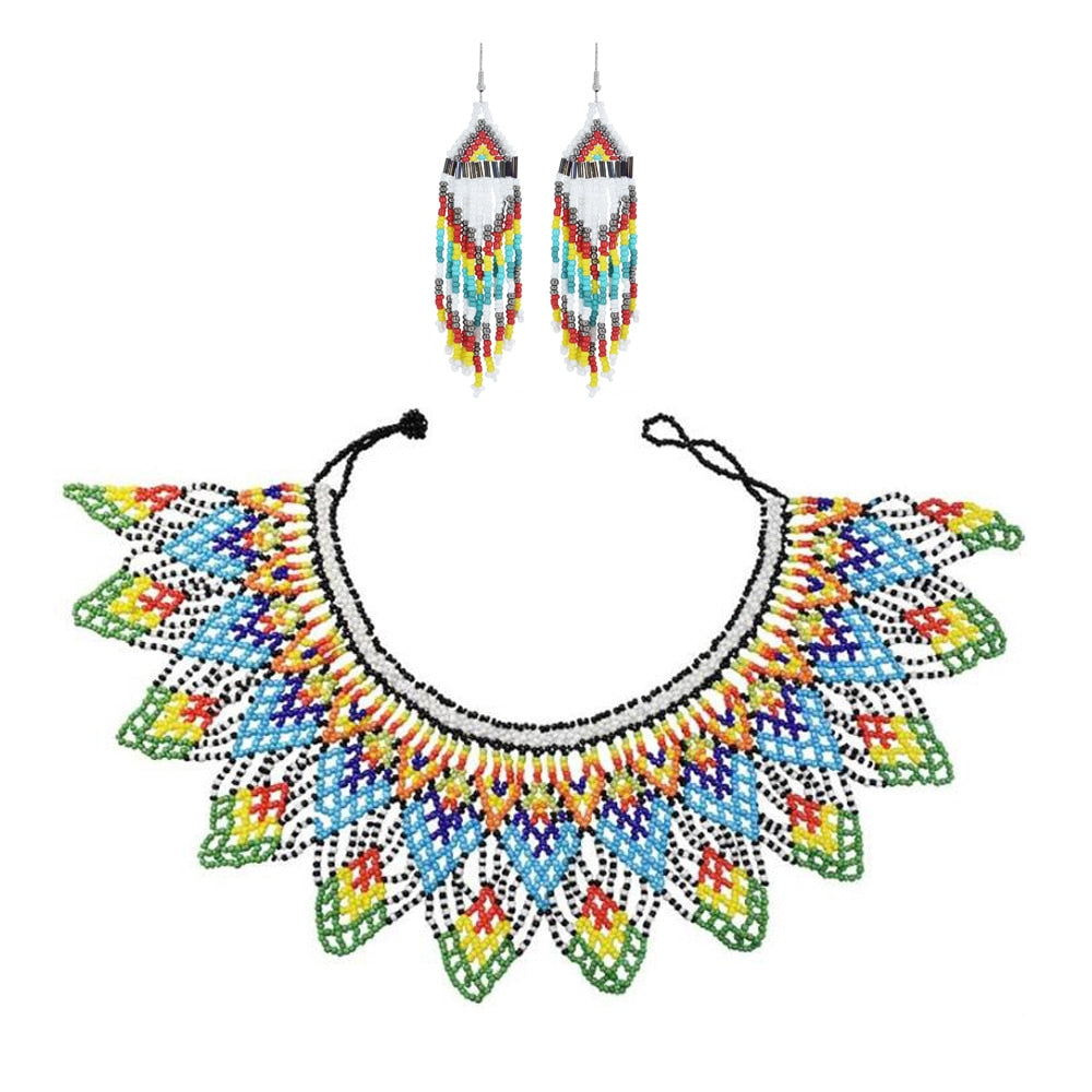 Beaded Bib Statement Choker Necklace/Earrings/Set-Multicolor