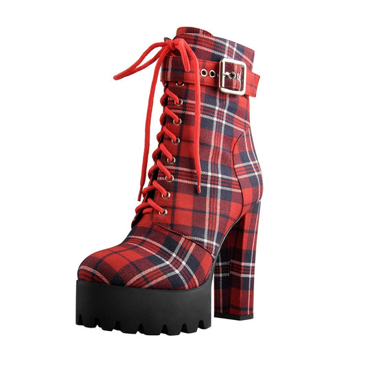 Red Plaid Lace Up Side Zipper Chunky Heel Round Toe Buckle Strap Platform Ankle Boots
