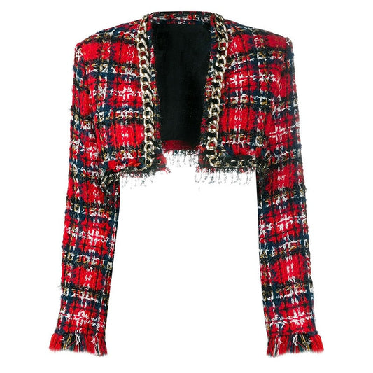 Red Plaid Tweed Chain Tassel Sequin Crop Jacket