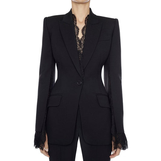 Split Lace Sleeve One Button Blazer Jacket-Black/White