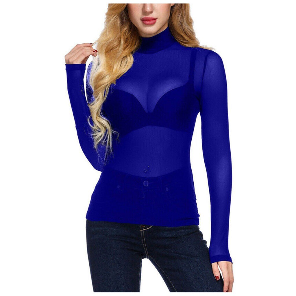 Long Sleeve Sheer Mesh Turtleneck-Blue
