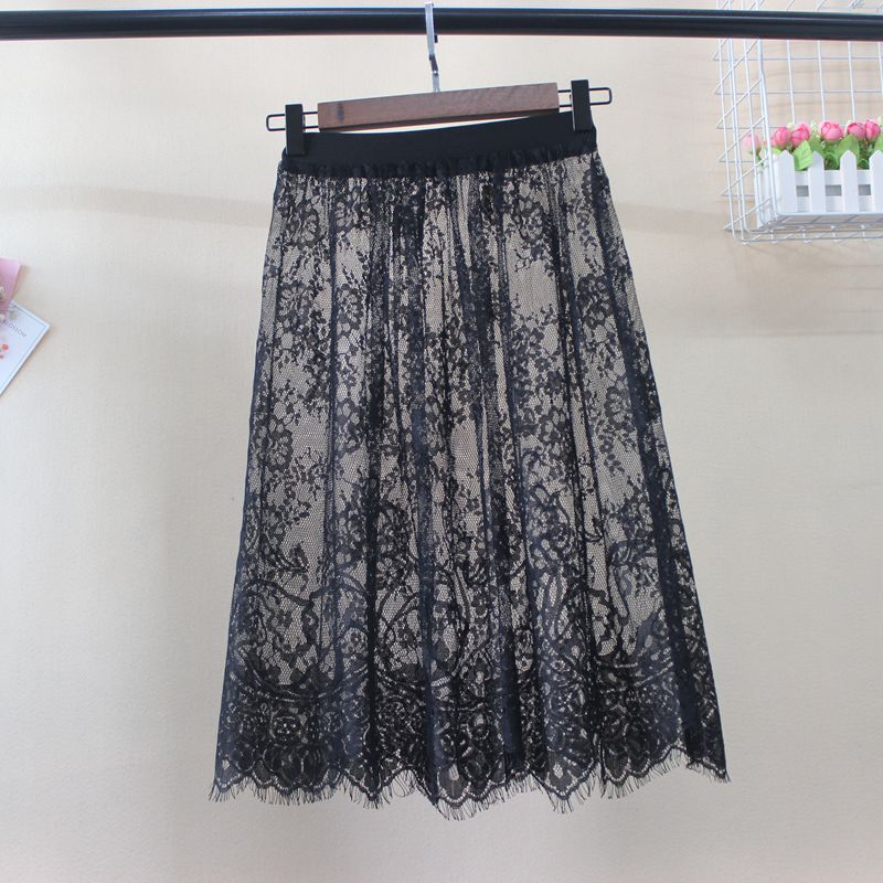 Hot Summer Women Lace Skirts Fashion Solid Casual Mesh Tulle Skirt Hollow Out Short Pencil Elegant Elastic Black White Skirt