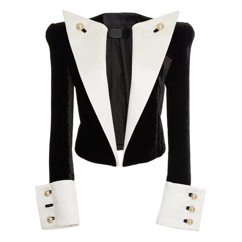 Large Lapel Velvet Blazer Jacket-Black/White