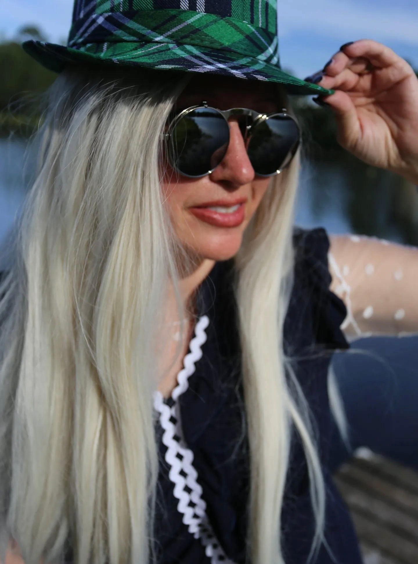 Plaid Unisex Fedora Hat-Green/Navy/White