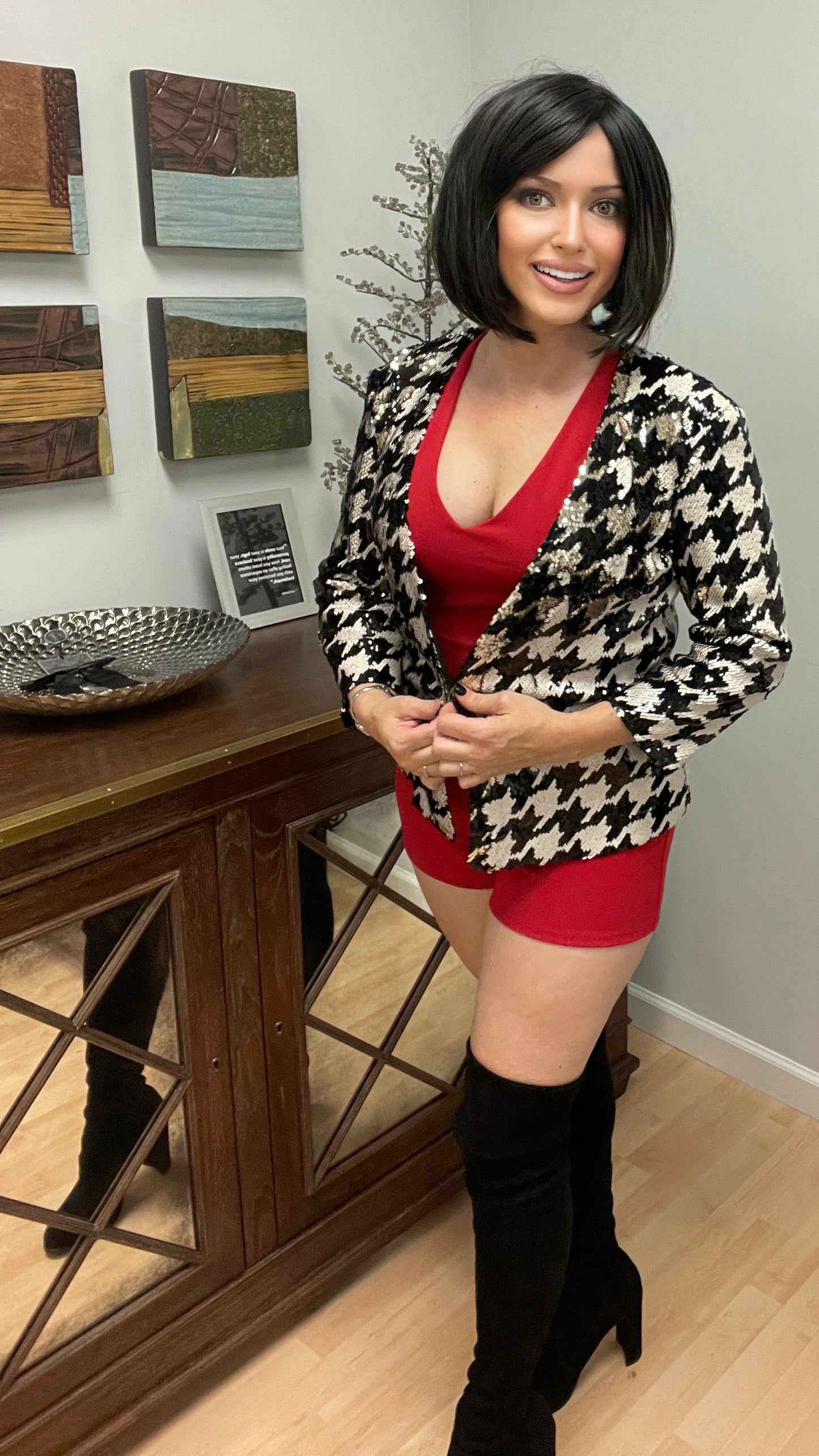 INC Glitz Runway Houndstooth Sequin Blazer Jacket NWT