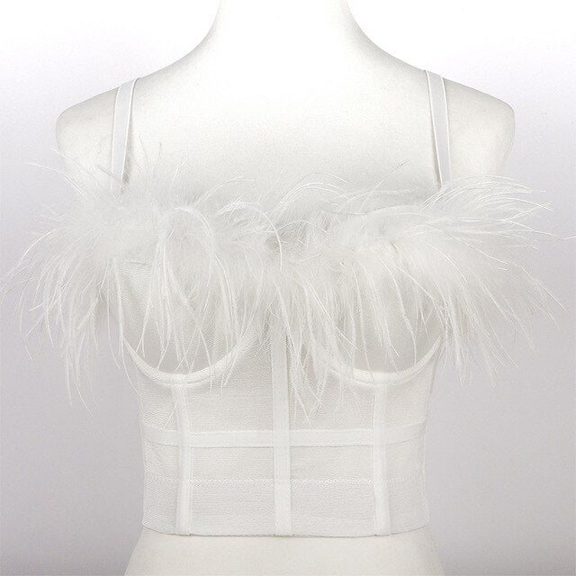 Ostrich Feather Mesh Corset Crop Top-Black/White