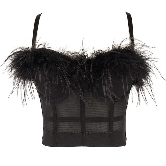 Ostrich Feather Mesh Corset Crop Top-Black/White
