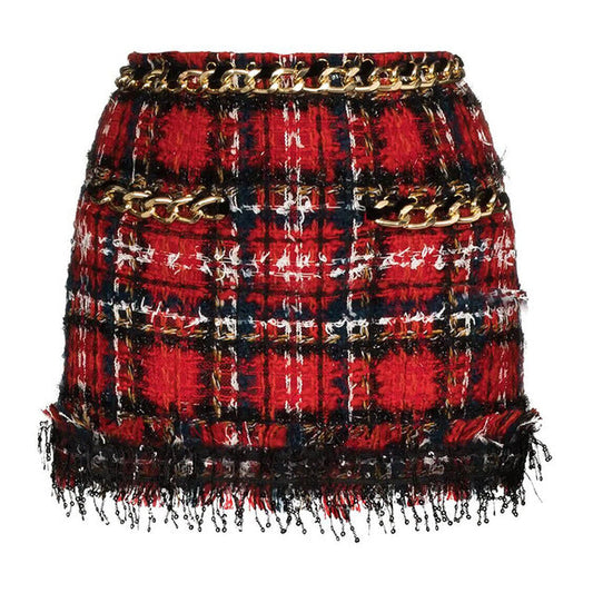 Red Plaid Tweed Chain Tassel Sequin-Skirt