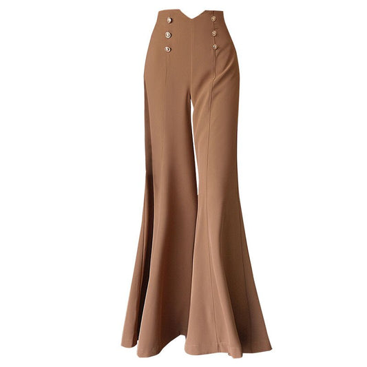 High Waist Loose Full Length Wide Leg Pants-Khaki/Apricot
