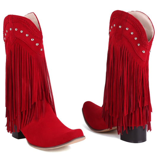 Cowboy Western Boots Fringe Stacked Heels Wide Calf Retro Riding Boots-Multiple Options