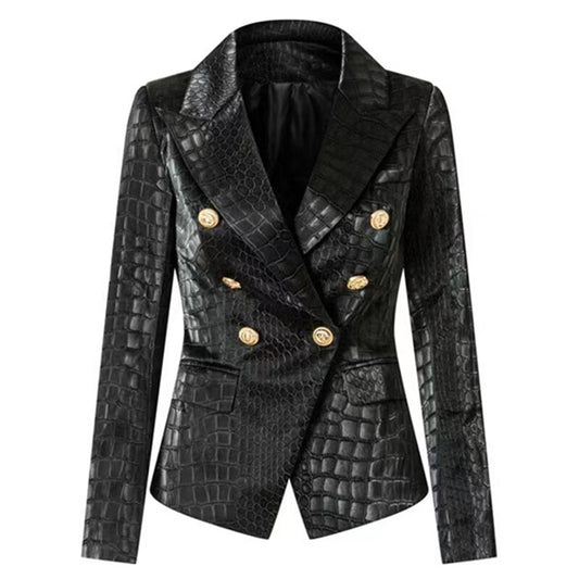 Faux Leather Double Breasted PU Blazer Jacket-Crocodile